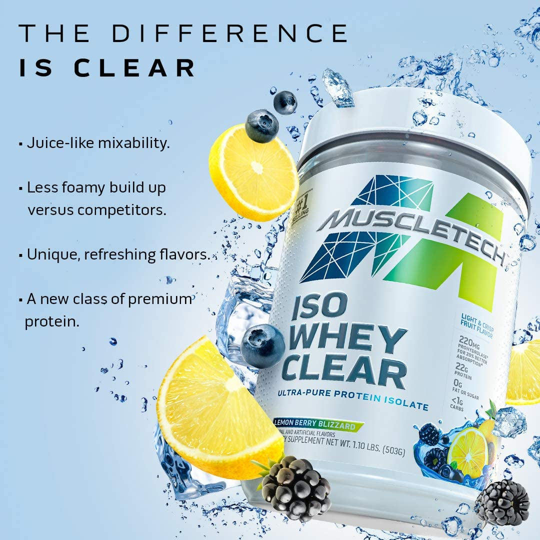 Whey Protein Powder Muscletech Clear Whey Protein Isolate Whey Isolate Protein Powder for Women & Men Clear Protein Drink 22G of Protein, 90 Calories Arctic Cherry Blast, 1.1Lb (19 Servings)