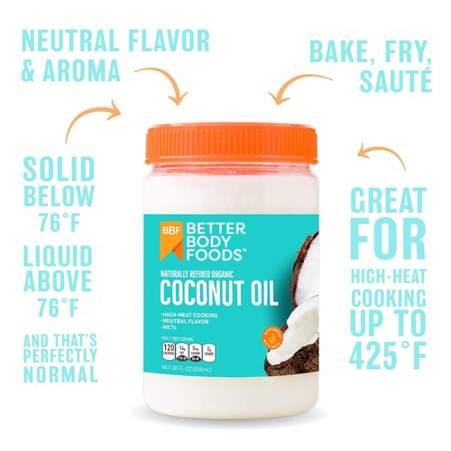 Betterbody Foods Organic, Naturally Refined Coconut Oil, 28 Fl Oz, All Purpose Oil for Cooking, Baking, Hair and Skin Care
