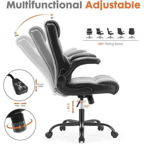 Sweetcrispy Executive Office Chair w/ Lumbar Support, PU Leather & Flip up Arms