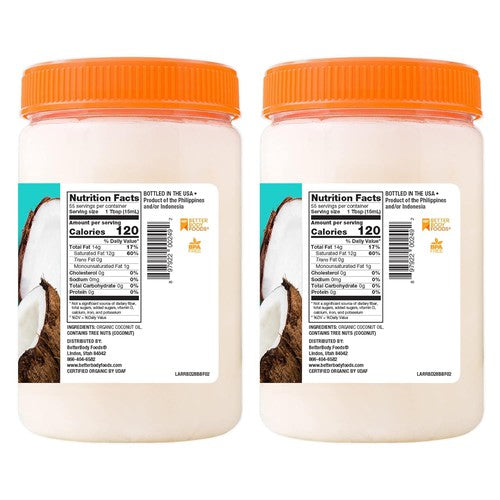 Betterbody Foods Organic, Naturally Refined Coconut Oil, 28 Fl Oz, All Purpose Oil for Cooking, Baking, Hair and Skin Care