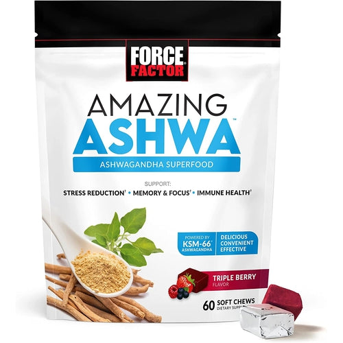 Force Factor Amazing Ashwa for Stress Relief, Memory, Focus, and Immune Support Health, with KSM-66, 60 Soft Chews