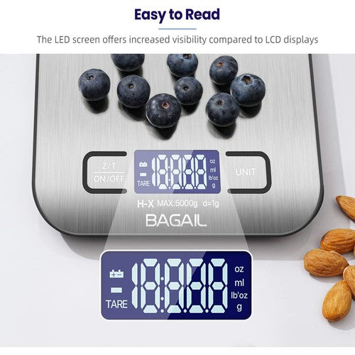 BAGAIL BASICS Digital Kitchen Scale, Premium Stainless Steel,11Lb/5Kg with 0.1Oz/1G Precision